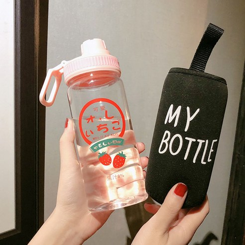 [LM] 500ml 플라스틱 물병 투명/반투명 병 귀여운 물병 카톤 딸기 물병 전화 스탠드 휴대용, 8_500ml