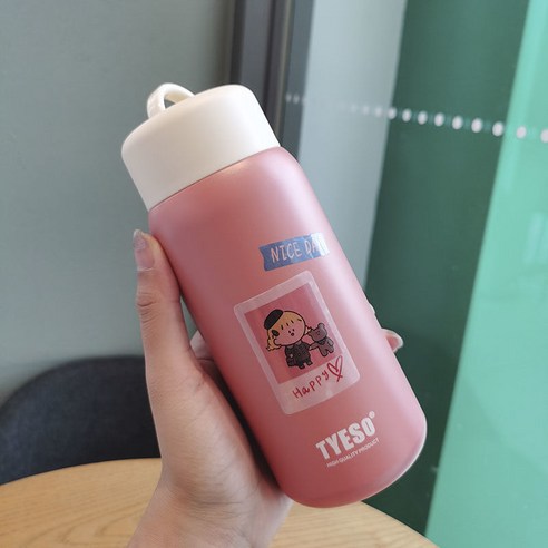 스테인리스 물 컵 간단한 모리 스타일 보온병 여성 하라주쿠 스타일 학생 귀여운 간단한 소녀 컵, 대비 컬러 핑크 350 ml, 싱글컵+스티커+컵브러시