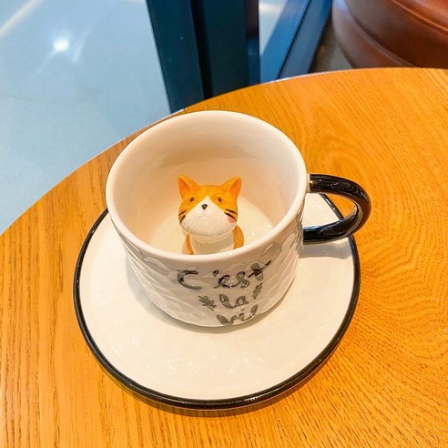 만화 창의 컵 안 고양이 커피 컵 접시 귀엽다 도자기 컵 식당 밀크티 아침 물 컵 학생 선물 컵, 누런 귀 고양이, 220ML