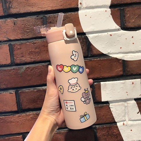 smy보온병 짚 물 컵 여성 학생 신선한 만화 귀여운 간단한 모리 휴대용 튀는 커버 한국 컵, 스티커 500 Ml/핑크, 하나