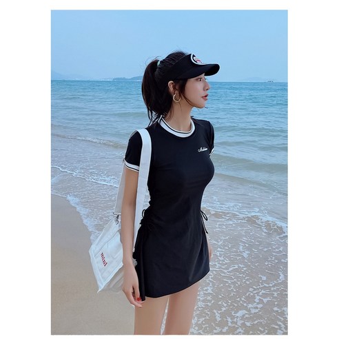 여성 슬림 블랙 청순원피스 수영복 여름 해변 + 리조트 스파 온천 수영복, 검정색