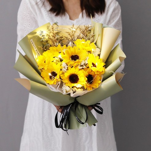 장미꽃다발 시들지 않는 비누 플라워 LED 무드등 쇼핑백 장기보존 1000하늘, 녹색 종이 포장 해바라기