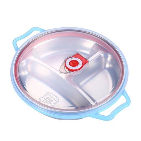 304 Stainless Steel Dinner Plate Lunch Box Canteen Student Work Rice Plate With Lid Children''s Plate, Blue_Medium