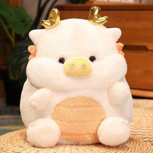 귀여운 용돼지 인형 뽀글이 인형 돼지 인형 잠자는 베개 인형 여성 선물 인형 쿠션, 화이트, 30cm