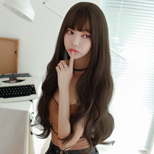 하이유니 네츄럴 웨이브 롱 헤어 통가발 가발 73cm + 가발망 + 거치대 세트, 브라운블랙