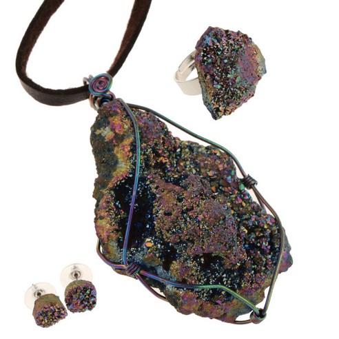 천연 불규칙한 원래 돌 다채로운 마노 돌 손 트위스트 와이어 래핑 된 보석 세트 여성용 (목걸이 + 귀걸이 + 반지)