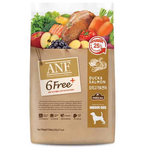 ANF 생후 4개월 이상 식스프리플러스 인도어 독 건식사료, 소고기+연어, 400g, 4개