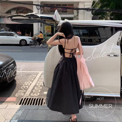 바캉스 원피스 하늘색 뒷트임 등파임 백오픈 비치 맥시 블랙롱 백리스