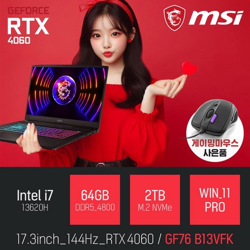 MSI Sword GF76 B13VFK 인텔 13세대 i7-13620H RTX4060 [사은품증정], 블랙, 2TB, 64GB, WIN11 Pro