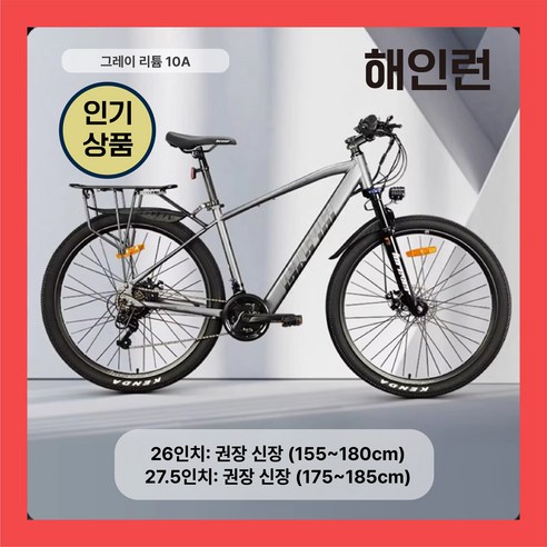 해인런 3세대 전기자전거 MTB 21단 리튬배터리 배달용 출퇴근 산악전기자전거 가성비, 5. 그레이 리튬10A 27.5인치(175~185cm), 알루미늄