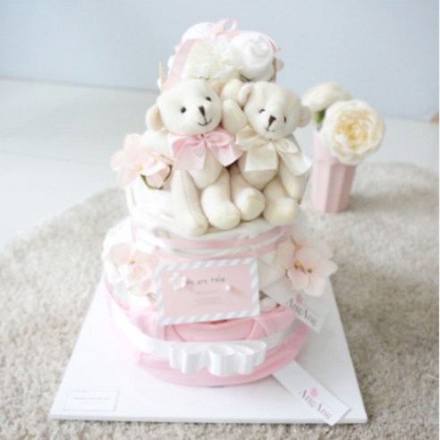 주식회사 앙앙 쌍둥이선물 우리는쌍둥이 3단 기저귀케익 (곰인형2개+바디슈트2장+미니타올2장), 돌선물, 1개