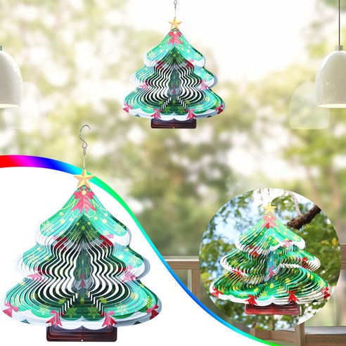 브랜드없음 3D 크리스마스 트리 바람 종소리 3d 바람 선회 농촌 실내 정원 장식 스테인레스 스틸 크리스마스 트리 회전 장식품, 초록