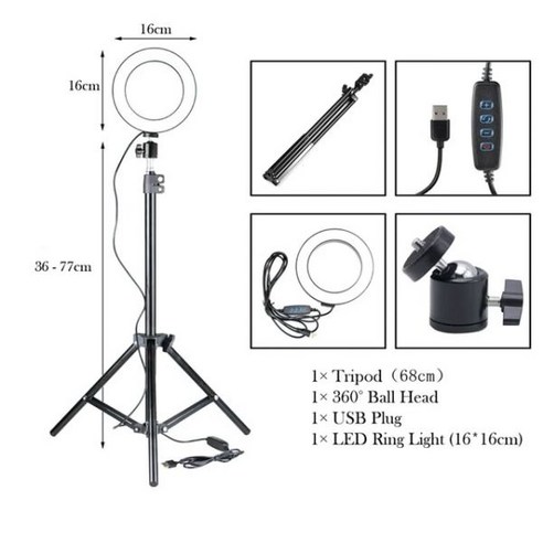디 밍이 가능한 LED 링 라이트 카메라 스튜디오 사진 비디오 메이크업 Ringlight 램프 유튜브 Tik Tok Self, 05 16cm  68cm Tripod