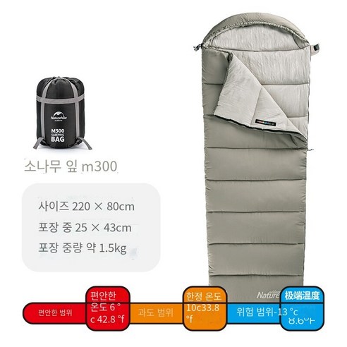 잠자기 가방 성인 남성 캠핑 야외 캠핑 가을과 겨울 두껍게 방한 침낭, 소나무 잎 녹색M300+풍선 베개 보내기