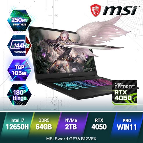 [백팩+무선마우스 증정] MSI Sword GF76 B12VEK i7-12650H RTX4050 17인치 윈도우11 프로, WIN11 Pro, 64GB, 2TB, 코어i7, 블랙
