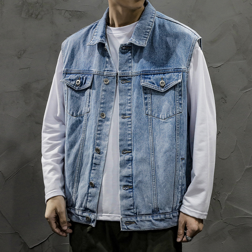 DFMEI 데님 조끼 남자 느슨한 패션 브랜드 일본식 레트로 민소매 조끼 코튼 조끼 가을 코트