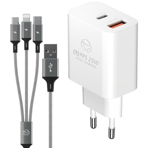 디지지 PD 25W PPS 2포트 초고속 충전기 + 3in1 스카이메타 멀티 케이블 120cm 세트, 화이트, 메탈실버, 1세트