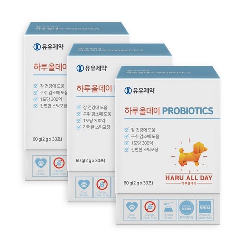 유유제약 하루올데이 PROBIOTICS 강아지 유산균 영양제 면역력 소화력개선 1포 300억 카제로템 신바이오틱스 2gx30포, 장건강/유산균, 3개