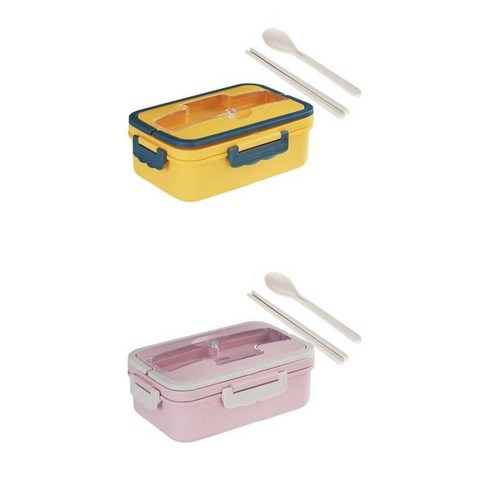 스푼 젓가락이 포함된 도시락 2개, 20x12x7.6cm, PP 폴리프로필렌, 옐로우+핑크