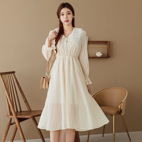 헤링본 여성 봄 가을 롱원피스 화이트 자수 카라 프릴 허리밴딩 플레어 A라인 HE042