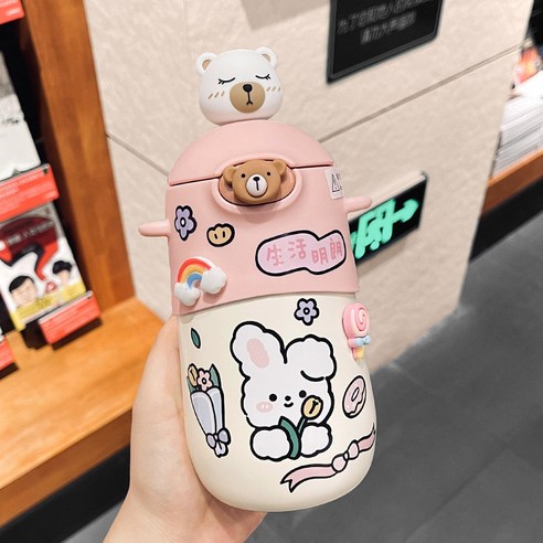 [LM] 500ml 곰 스티커 보온병 스테인레스 스틸 절연 뜨거운 음료 컵 밀짚 선물, {"크기":"500ml"}, Pink C