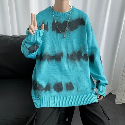 넥타이 염색 스웨터 남자 가을 겨울 느슨한 풀오버 스웨터 하라주쿠 스타일 유행 Ruffian 잘 생긴 스웨터 코트
