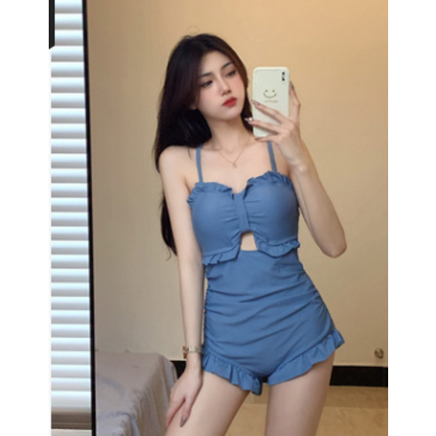 DFMEI 판매 원피스 나무 귀 수영복 배꼽 커버 슬리밍 보수적 인 원피스 복서 수영복, DFMEI 공작 블루