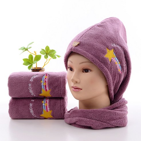 ZZJJC 드라이캡 물빨래 좋은 샤워캡 샴푸 빨리마르기 자수타월가방녀 긴머리 두툼하게 두건 닦기, 별, 36*68cm