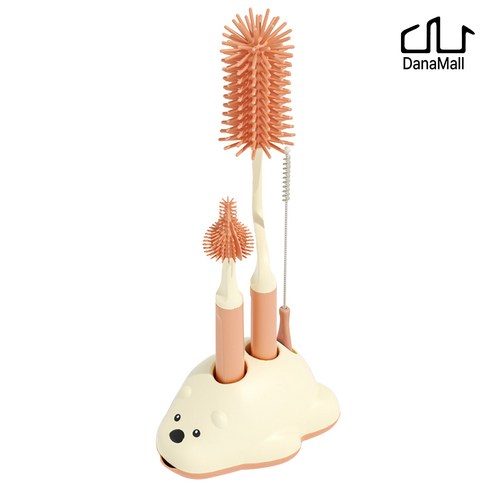 다나몰 회전형 젖병솔 + 젖꼭지솔 + 빨대솔 3종 + 거치대, 핑크, 1세트