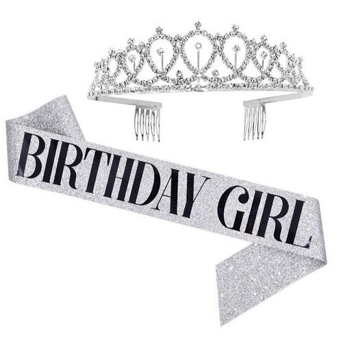 트윙클 티아라 글리터 생일파티 어깨띠 세트 [에브리띵스마일] 1197, 1세트, 실버 걸