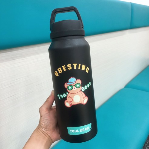 ZZJJC 대용량 텀블러 여고 비주얼 물컵 스테인리스 스틸 남성 휴대용 아웃도어 주전자 1400mL, 블랙