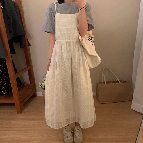 여성 러블리 레이스 뷔스티에 롱 원피스 빅사이즈 박시핏 나시레이스원피스