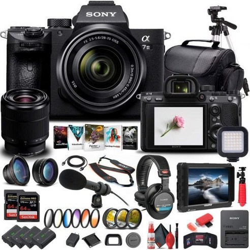 소니 알파 a7 III 미러리스 디지털 카메라 2870mm 렌즈 ILCE7M3KB 4K 모니터 헤드폰 프로 마이크 64GB 메모리 카드 3 x NPFZ100 배터리 코렐 사진 소
