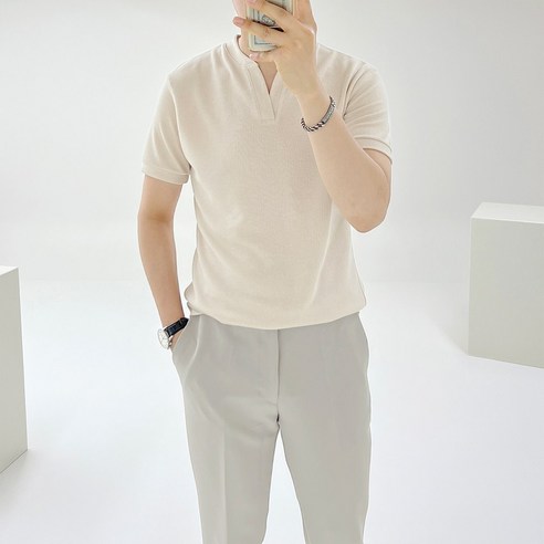 아도르클래식 루이스 V넥 헨리넥 스판 여름 면 반팔티