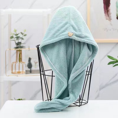 두껍다 촘촘하다 산호 벨벳 마른 머리 모자 흡수 목욕 모자 가방 사이드 마른 머리 수건 속건 가을 겨울 스타일 가방 두건, 마른머리모자25x65cm, (곰 단추) 단층 두꺼운 연두색