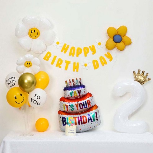 [피앤비유니티] 캐릭터무광데이지 생일케익풍선세트 스탠드형, 02-02)무광데이지생일풍선세트 2 옐로우, 1세트