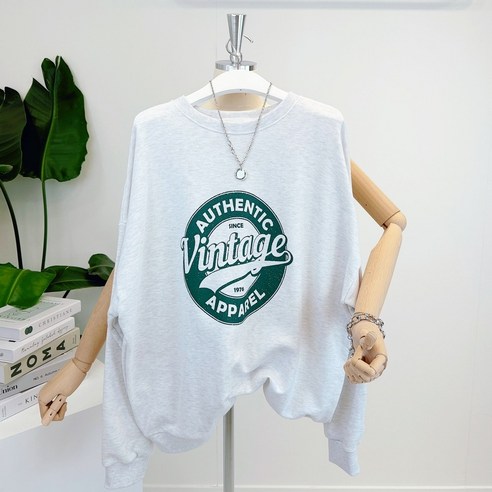 예쁜스 빈티지 오버핏 편안한 탄탄한 맨투맨 여성용 프린팅 티셔츠