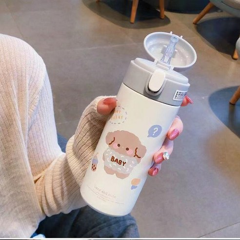 한국판 보온병 여성용 빨대 컵 성인용 고가 컵, 화이트 380ml, 싱글 컵