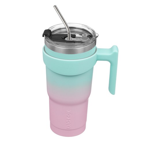 BJPKPK 스테인리스 스틸 탈착식 손잡이 보온 텀블러 빨대 포함, 1개, 그라데이션 츄잉 껌, 600ml