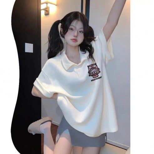 여름 학원풍 카라 몬스터 프린트 루즈핏 순면 티셔츠