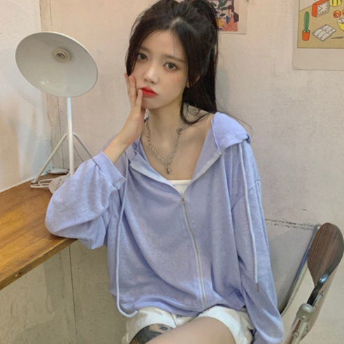 패션디바 여성용 여름 간절기 긴팔 시스루 후드 집업 집업류