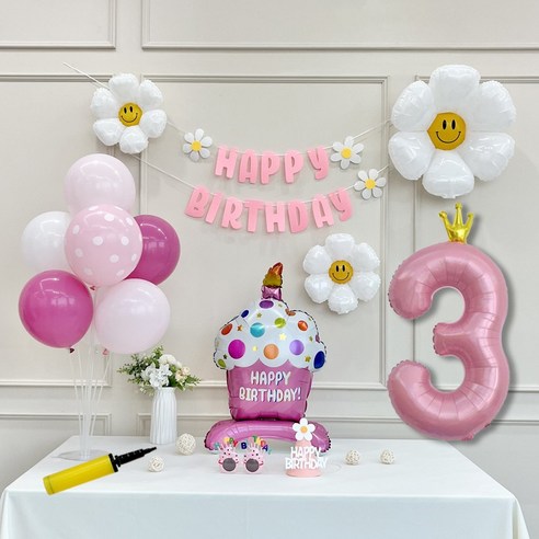 연지마켓 생일 파티 케이크 데이지 왕관 숫자 풍선 가랜드 세트, 1세트, 케이크 핑크A 3