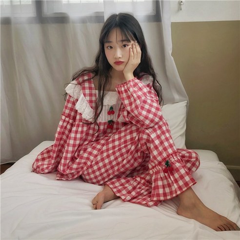 귀여운 체크 공주 잠옷 가정복 세트 두 벌