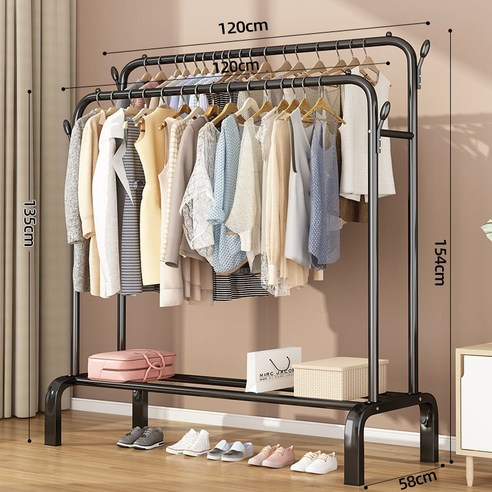 MBH 실내건조대 스탠드 건조대, 120cm 블랙 더블 바 4 후크 랙