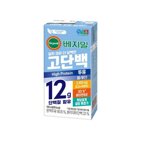 베지밀 고단백 두유 플레인 설탕무첨가 저당두유 190mlx16팩