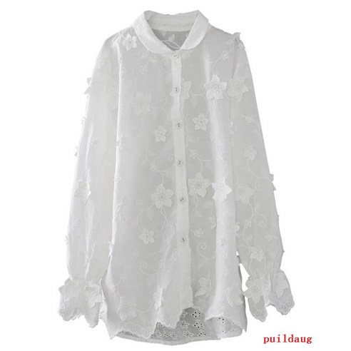 3 차원 수 놓은 흰색 셔츠 여성의 봄 복고풍 느슨한 코트 긴 소매 예술적 셔츠