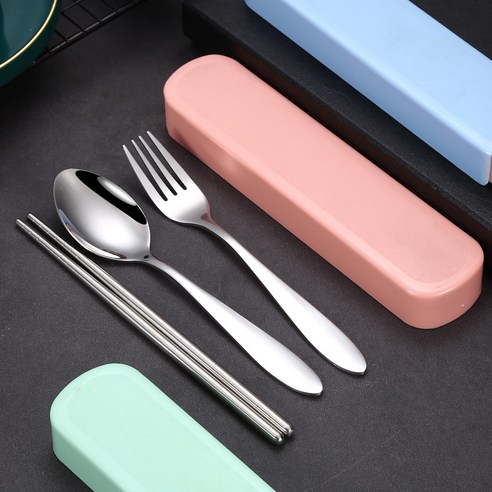 파란 고래 휴대용 도시락 수저 케이스 대 + 숟가락 + 젓가락 + 포크 세트, 블루