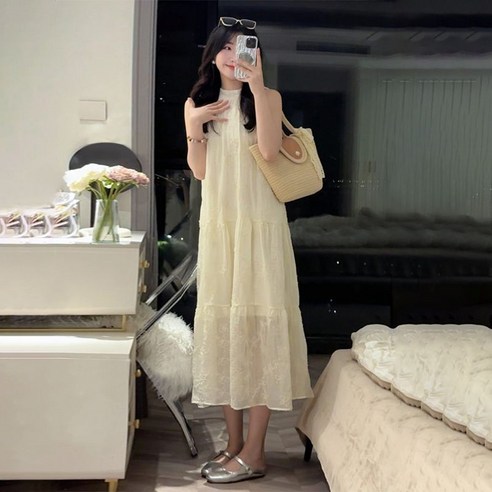 화이트 홀터넥 슬립 드레스 키즈 여름 2023 새로운 해변 리조트 비치 민소매 요정 롱