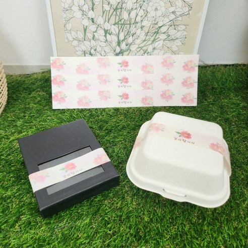 핸드 메이드 땡큐 도시락 띠스티커 30*3cm 띠지 스티커 포장 데코 롱타입, 120개, 6. 감사 핑크꽃 띠스티커