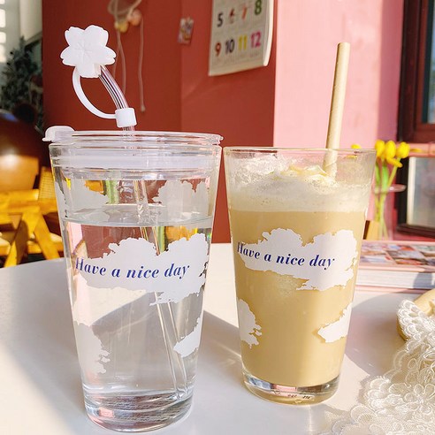 【커피잔】유리 스타일 수제 간단한 구름 일본식 창작 신선한 물 컵 여자 뚜껑 컵, 구름 편지 컵_+짚+컵뚜껑[실용적인추천]]